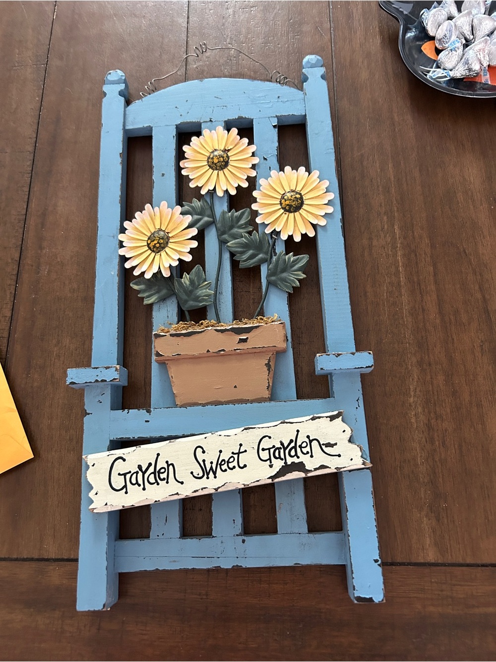 Source Unknown Blue Wall Plaque with Yellow Flowers
